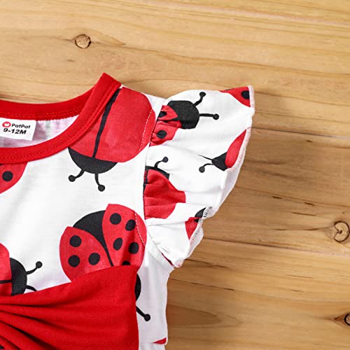 PATPAT Baby Girl Dress Cute Newborn Infant Girls Ruffle Sleeve Bowknot Dress Princess Casual Dress Ladybug 6-9 Months