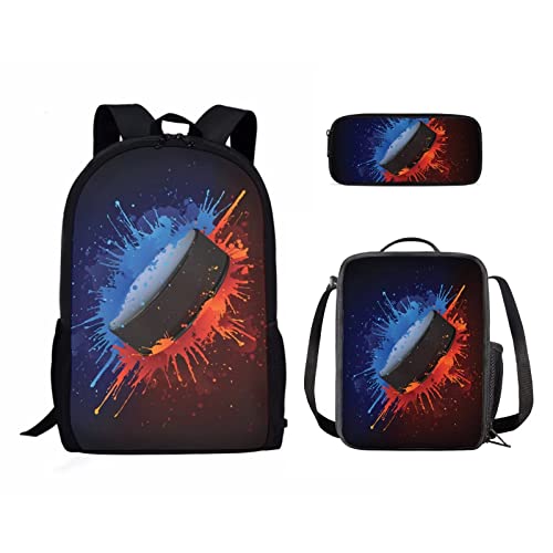 Baxinh Teen Boys Girls Backpack Set School Bag Bookbag with Lunch Box Pen Case 3 Pcs, Hockey Blue Red Splatter