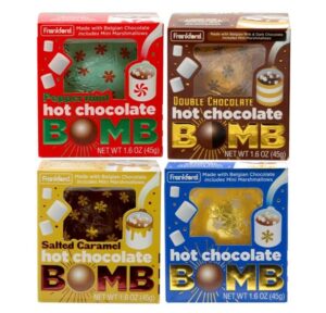 hot chocolate bomb 4 pack, flavors include (1) original flavor melting ball, (1) salted caramel, (1) double chocolate, & (1) peppermint hot cocoa easter basket stuffer gift by frankford candy