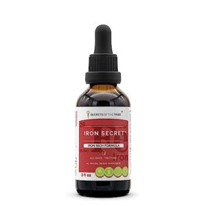 iron secret alcohol extract, high-potency herbal drops, tincture made from spirulina, stinging nettle, parsley, yellow dock, dandelion, alfalfa, gentian, watercress. iron rich formula 2 oz