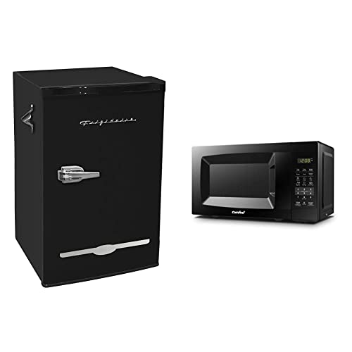 Frigidaire EFR376-BLACK 3.1 Cu Ft Black Retro Bar Fridge & COMFEE' EM720CPL-PMB Countertop Microwave Oven with Sound On/Off, ECO Mode and Easy One-Touch Buttons, 0.7cu.ft, 700W, Black