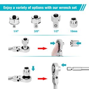 DURATECH 27PCS Extra Long Flex Head Ratcheting Wrench Set, 8-22mm, Double Box End Ratchet Wrench Set with E-type 8-22mm Replacement Heads, 10x19mm, 1/4", 3/8", 1/2" Socket Adapters