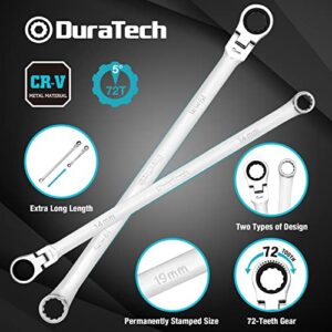 DURATECH 27PCS Extra Long Flex Head Ratcheting Wrench Set, 8-22mm, Double Box End Ratchet Wrench Set with E-type 8-22mm Replacement Heads, 10x19mm, 1/4", 3/8", 1/2" Socket Adapters