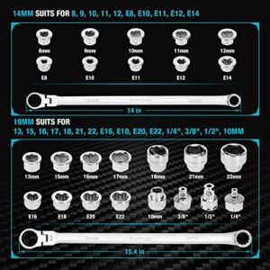 DURATECH 27PCS Extra Long Flex Head Ratcheting Wrench Set, 8-22mm, Double Box End Ratchet Wrench Set with E-type 8-22mm Replacement Heads, 10x19mm, 1/4", 3/8", 1/2" Socket Adapters