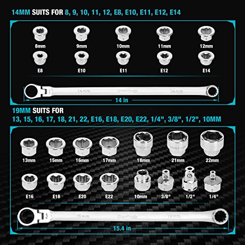 DURATECH 27PCS Extra Long Flex Head Ratcheting Wrench Set, 8-22mm, Double Box End Ratchet Wrench Set with E-type 8-22mm Replacement Heads, 10x19mm, 1/4", 3/8", 1/2" Socket Adapters