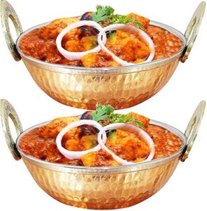 vakratunda kitchenwares 28 oz heavy-duty food grade stainless steel kadhai, copper bottom, multipurpose indian large serving karahi bowls, 7 inches set of (2)
