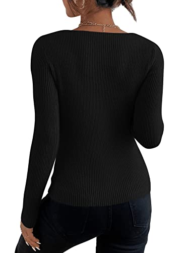 SweatyRocks Women's Casual Long Sleeve V Neck Top Solid Ribbed Knit Pullover Sweater Black S