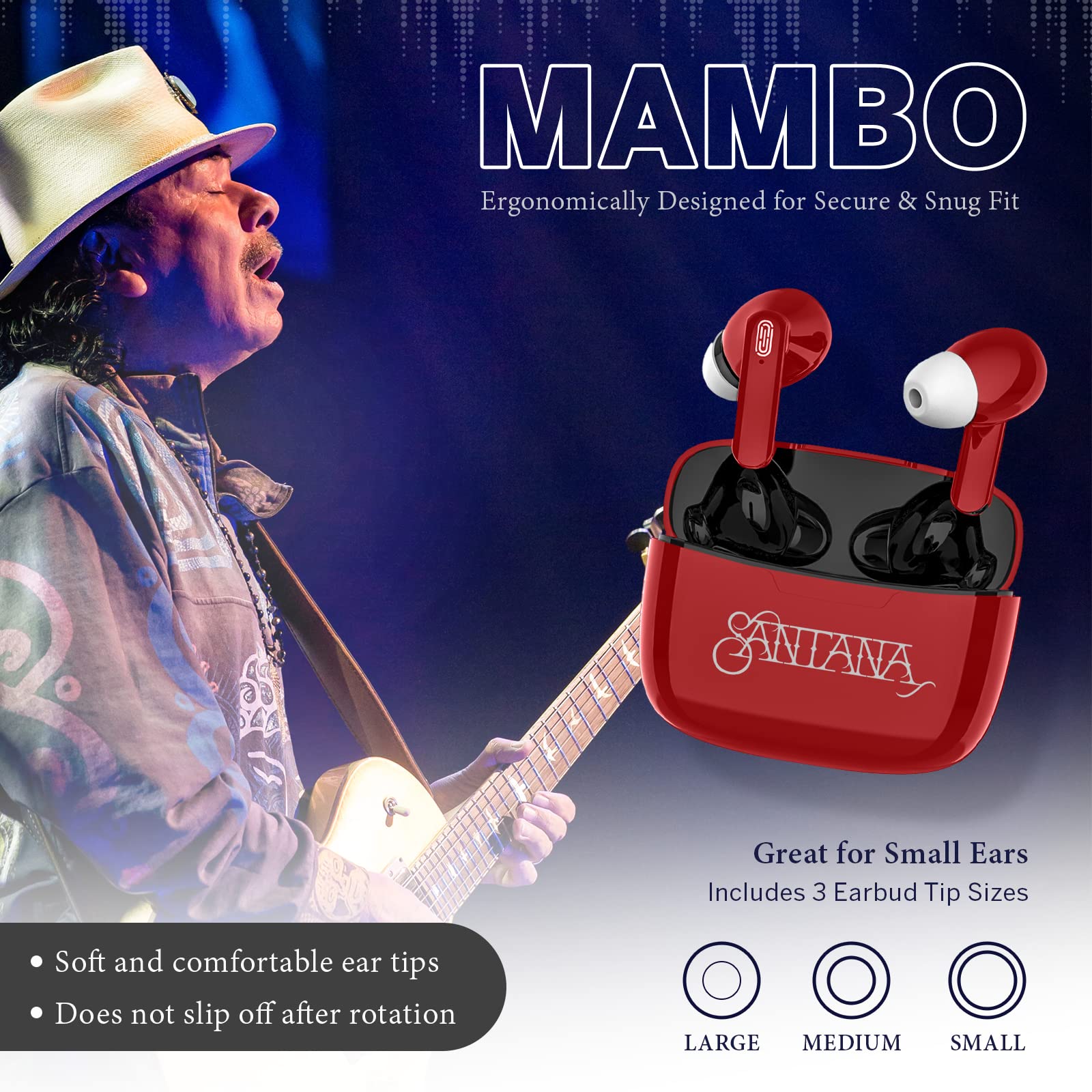 Mambo by Carlos Santana, True Wireless Earbuds Bluetooth Headphones with Charging Case, Bluetooth Earbuds with Voice Isolating Microphone, Deep Bass Stereo Headsets for Sports & Gaming, Red