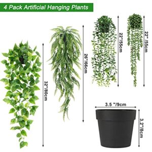 JPSOR Fake Hanging Plants, 4 Pack Artificial Potted Greenery Faux Eucalyptus Vine, Boston Fern, String of Pearls, Pothos Ivy in Pot for Home Room Wall Shelf Patio Garden Indoor Outdoor Decor