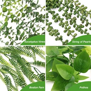 JPSOR Fake Hanging Plants, 4 Pack Artificial Potted Greenery Faux Eucalyptus Vine, Boston Fern, String of Pearls, Pothos Ivy in Pot for Home Room Wall Shelf Patio Garden Indoor Outdoor Decor