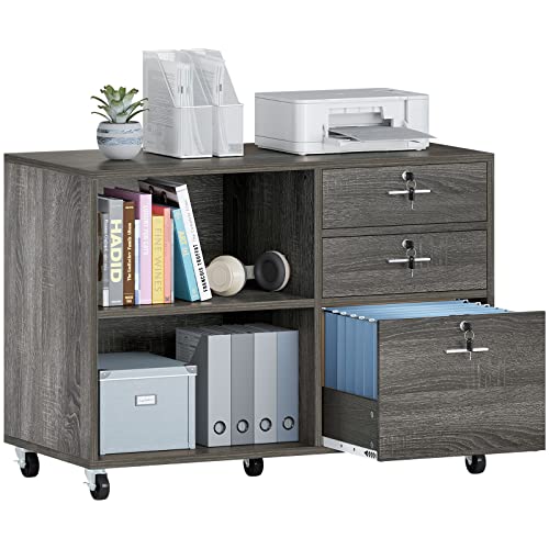 YITAHOME 3 Drawer Wood Lateral File Cabinet, Mobile Filing Cabinet, Storage Cabinet Printer Stand with 2 Open Shelves for Home Office Organization,Dark Grey