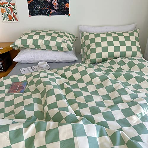 Wellboo Green White Plaid Comforter Sets Full Women Men Sage Green Checkerboard Grid Bedding Comforters Cotton Boys Girls Modern Grass Green and White Checkered Geometric Quilts Luxury Abstract Bed