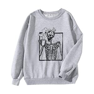 modntoga coffee skeleton sweatshirt women halloween sweatshirt long sleeve skeleton drinking coffee crewneck pullover tops (grey, m)