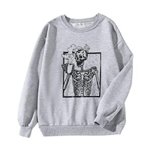 MODNTOGA Coffee Skeleton Sweatshirt Women Halloween Sweatshirt Long Sleeve Skeleton Drinking Coffee Crewneck Pullover Tops (Grey, M)