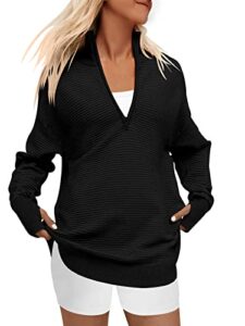anrabess sweater for women oversized quarter zip long sleeve v neck collared casual curved hem slouchy ribbed knit thumb hole pullover shirt 2023 fall winter trendy clothes tops 624heise-m black