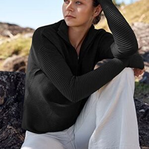 ANRABESS Sweater for Women Oversized Quarter Zip Long Sleeve V Neck Collared Casual Curved Hem Slouchy Ribbed Knit Thumb Hole Pullover Shirt 2023 Fall Winter Trendy Clothes Tops 624heise-M Black