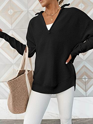 ANRABESS Sweater for Women Oversized Quarter Zip Long Sleeve V Neck Collared Casual Curved Hem Slouchy Ribbed Knit Thumb Hole Pullover Shirt 2023 Fall Winter Trendy Clothes Tops 624heise-M Black