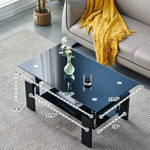 Btrpily Living Room Rectangle Coffee Table, Tea Table Suitable for Waiting Room, Modern Side Coffee Table with Wooden Leg, Glass Tabletop with Lower Shelf, 39.5D x 23.5W x 17.5H in, Black