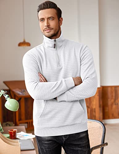 COOFANDY Men's Thermal Collar Sweatshirt Long Sleeve Zip Up Gym Athletic Golf Pullover 1/4 zip sweatshirt White X-Large