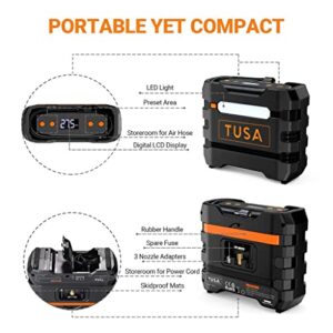 TUSA Tire Inflator Portable Air Compressor for Car - Air Pump Works continuously for up to 30 Minutes (up to 150 PSI with Emergency LED Light)