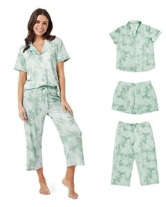 32 degrees women's cool button up 3 piece sleep set |4-way stretch | button up top | lounge capri and short, light mint hazy tie dye, large