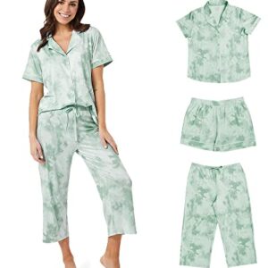 32 DEGREES Women's Cool Button Up 3 Piece Sleep Set |4-Way Stretch | Button up Top | Lounge Capri and Short, Light Mint Hazy Tie Dye, Large