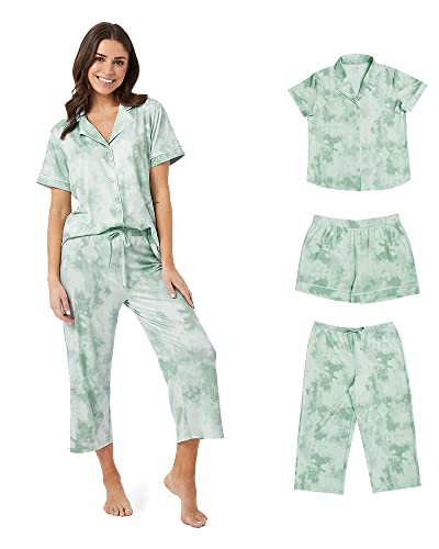 32 DEGREES Women's Cool Button Up 3 Piece Sleep Set |4-Way Stretch | Button up Top | Lounge Capri and Short, Light Mint Hazy Tie Dye, Large