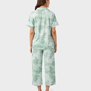 32 DEGREES Women's Cool Button Up 3 Piece Sleep Set |4-Way Stretch | Button up Top | Lounge Capri and Short, Light Mint Hazy Tie Dye, Large