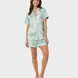 32 DEGREES Women's Cool Button Up 3 Piece Sleep Set |4-Way Stretch | Button up Top | Lounge Capri and Short, Light Mint Hazy Tie Dye, Large