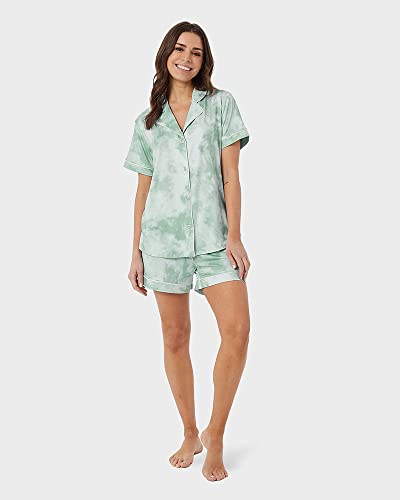 32 DEGREES Women's Cool Button Up 3 Piece Sleep Set |4-Way Stretch | Button up Top | Lounge Capri and Short, Light Mint Hazy Tie Dye, Large