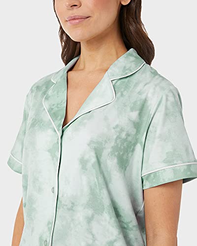 32 DEGREES Women's Cool Button Up 3 Piece Sleep Set |4-Way Stretch | Button up Top | Lounge Capri and Short, Light Mint Hazy Tie Dye, Large