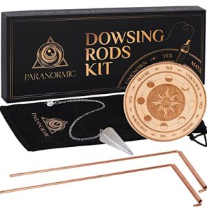 copper dowsing rods spiritual & pendulum board kit with mat & quartz crystal – set of 2 pure copper spiritual rods – discover paranormal secrets with divining rods by paranormic