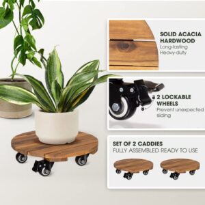 Idzo 2pack Wood Plant Caddy With Wheels Heavy Duty, 264 Lbs Capacity, 12 Inch Acacia Hardwood Plant Dolly, Plant Stand with 360° Lockable Wheels for Plant Pots, Heavy Objects Hauling - Natural Wood