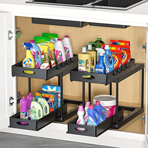 Aojia Under Sink Organizer with 2 Sliding Drawers, Bathroom Organizer Under Cabinet, Pull-out Under Sink Storage，Under Cabinet Storage for Kitchen and Bathroom