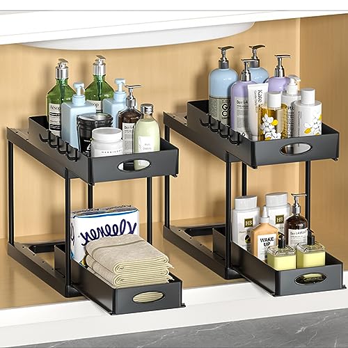 Aojia Under Sink Organizer with 2 Sliding Drawers, Bathroom Organizer Under Cabinet, Pull-out Under Sink Storage，Under Cabinet Storage for Kitchen and Bathroom