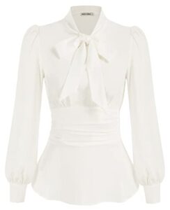 grace karin women's casual chiffon v neck long sleeve blouse tops somcked waistline white m