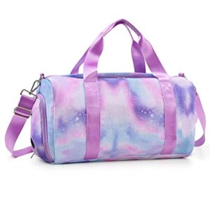 rugici dance bag for girls kids travel duffel bags waterproof sports gym bag for women, tie-dye teen overnight duffel bag with shoe compartment ballet small gym bag（silver purple）
