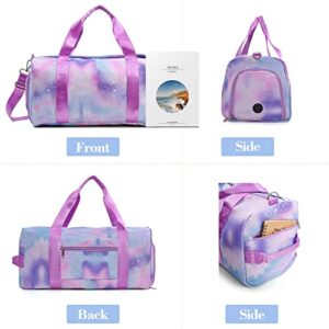 RUGICI Dance Bag for Girls Kids Travel Duffel Bags Waterproof Sports Gym Bag for Women, Tie-dye Teen Overnight Duffel Bag with Shoe Compartment Ballet Small Gym Bag（Silver Purple）