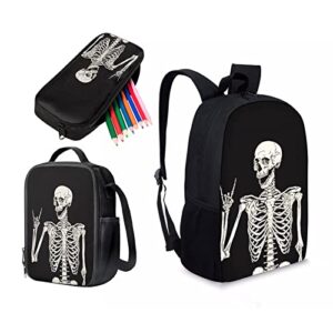 bulopur gothic skull boys girls school computer backpacks, funny skeleton lightweight backpacks for teen, halloween black 3 pcs insulated lunch bag pen pencil bag