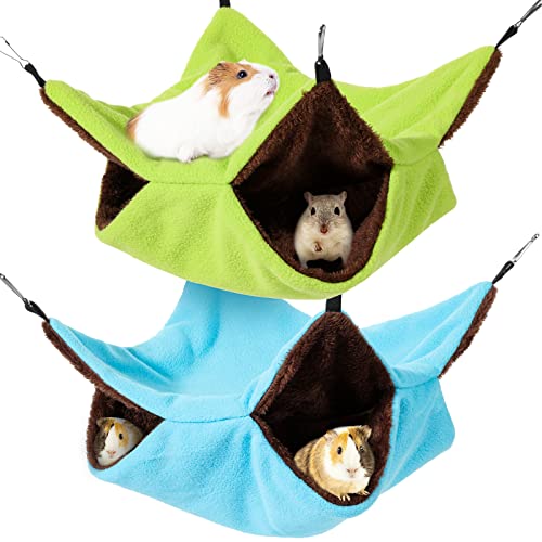 2 Pcs Pet Cage Hammock Soft Plush Bunkbed Hanging Hammock Warm Double Layer Ferret Hammock Small Pet Hammock Accessories for Rat Guinea Pig Sugar Glider Squirrel Chinchilla Play Sleep (Green, Blue)