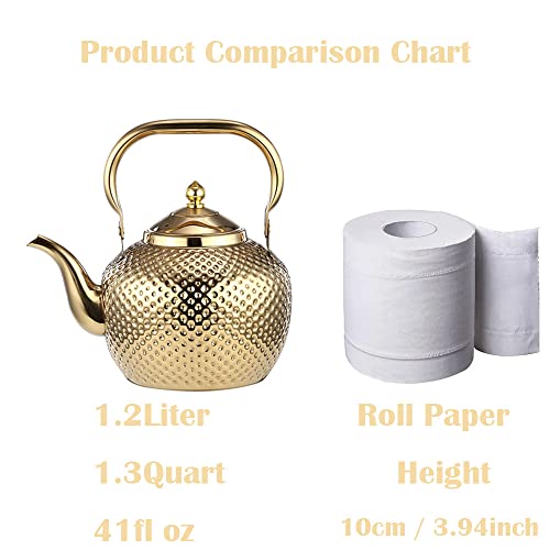 Alunsito Stove Top Tea Pot, Food Grade Stainless Steel Tea Kettle with Handle and Tea Strainer, 1.3qt Teapot Water Boilers for Home Kitchen Hotel Restaurant, Gold, 1.2 Liters