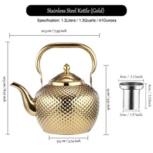 Alunsito Stove Top Tea Pot, Food Grade Stainless Steel Tea Kettle with Handle and Tea Strainer, 1.3qt Teapot Water Boilers for Home Kitchen Hotel Restaurant, Gold, 1.2 Liters