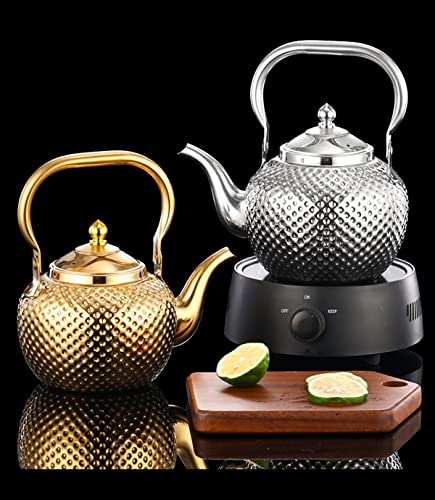 Alunsito Stove Top Tea Pot, Food Grade Stainless Steel Tea Kettle with Handle and Tea Strainer, 1.3qt Teapot Water Boilers for Home Kitchen Hotel Restaurant, Gold, 1.2 Liters