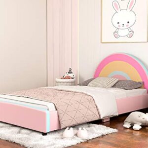 IKIFLY Twin Size Kids Bed, Children Upholstered Twin Platform Bed Frame with Curved Headboard, Pink Toddler Bed for Boys & Girls, Teens, No Box Spring Needed - Rainbow Design