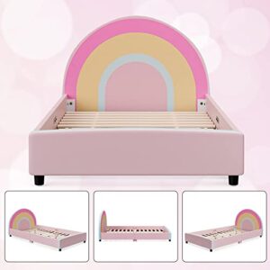 IKIFLY Twin Size Kids Bed, Children Upholstered Twin Platform Bed Frame with Curved Headboard, Pink Toddler Bed for Boys & Girls, Teens, No Box Spring Needed - Rainbow Design