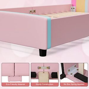 IKIFLY Twin Size Kids Bed, Children Upholstered Twin Platform Bed Frame with Curved Headboard, Pink Toddler Bed for Boys & Girls, Teens, No Box Spring Needed - Rainbow Design