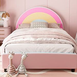 IKIFLY Twin Size Kids Bed, Children Upholstered Twin Platform Bed Frame with Curved Headboard, Pink Toddler Bed for Boys & Girls, Teens, No Box Spring Needed - Rainbow Design