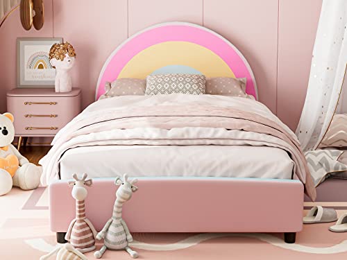 IKIFLY Twin Size Kids Bed, Children Upholstered Twin Platform Bed Frame with Curved Headboard, Pink Toddler Bed for Boys & Girls, Teens, No Box Spring Needed - Rainbow Design