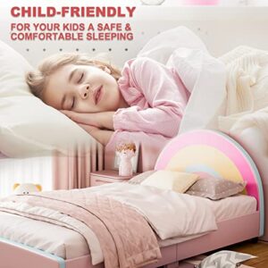 IKIFLY Twin Size Kids Bed, Children Upholstered Twin Platform Bed Frame with Curved Headboard, Pink Toddler Bed for Boys & Girls, Teens, No Box Spring Needed - Rainbow Design