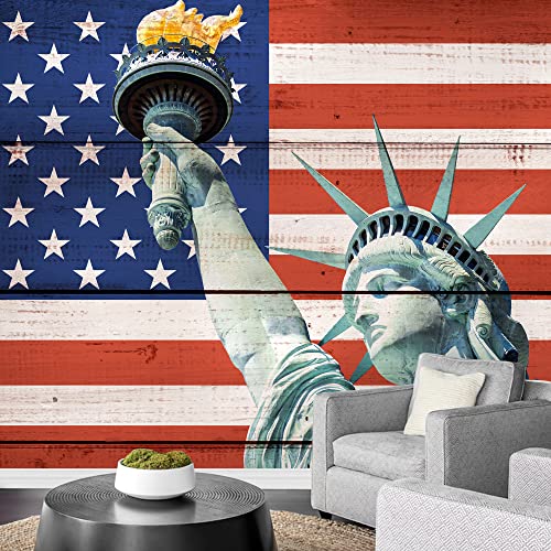 wall26 Removable Wall Sticker/Wall Mural Wood Panel Style American Flag Statue of Liberty International Global Digital Art United States Veteran for Living Room, Bedroom, Office - 66x96 inches